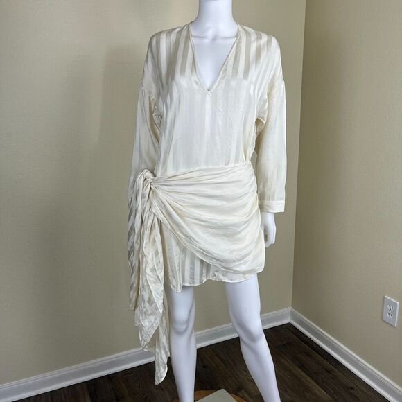 Michelle Mason Womens Size 4 Ivory Crepe Silk Satin Stripe Mini Wrap Shirt Dress - Picture 6 of 15